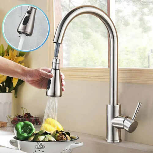 Kitchen Sink Faucet 360° Rotation Single Handle Deck Mounted Kitchen Faucet Pull Out Spray