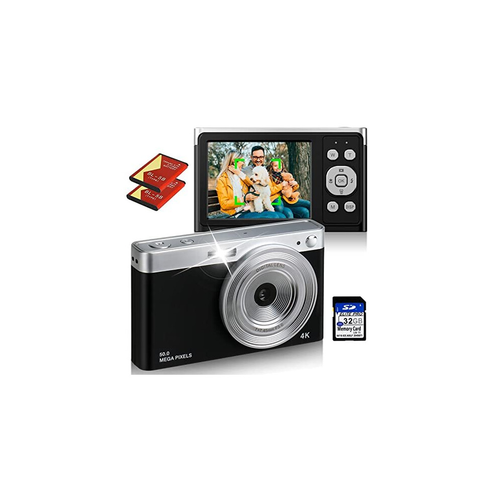 Digital Camera, 50MP 4K Full HD Compact Camera, Auto Focus Vlogging Camera with 2.88 Inch Large Screen, 32GB SD Card and 16x Zoom, Portable Mini Camer