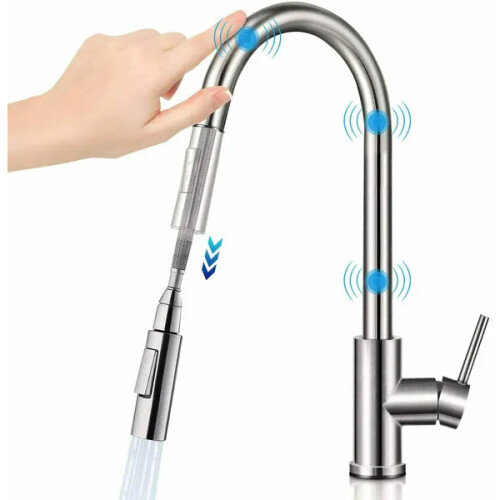 (Silver) Sensor Kitchen Faucets Smart Touch Inductive Sensitive Faucet Mixer Tap Single Handle Dual Outlet Water