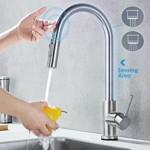 (Silver) Sensor Kitchen Faucets Smart Touch Inductive Sensitive Faucet Mixer Tap Single Handle Dual Outlet Water 1