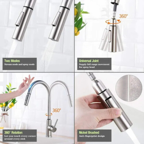 (Silver) Sensor Kitchen Faucets Smart Touch Inductive Sensitive Faucet Mixer Tap Single Handle Dual Outlet Water 2