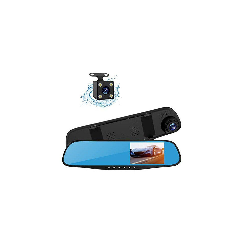 Car Mirror Dash Cam Recorder 4.3" Full HD 1080P Dashboard Camera Front and Rear View Dual Lens Night Vision