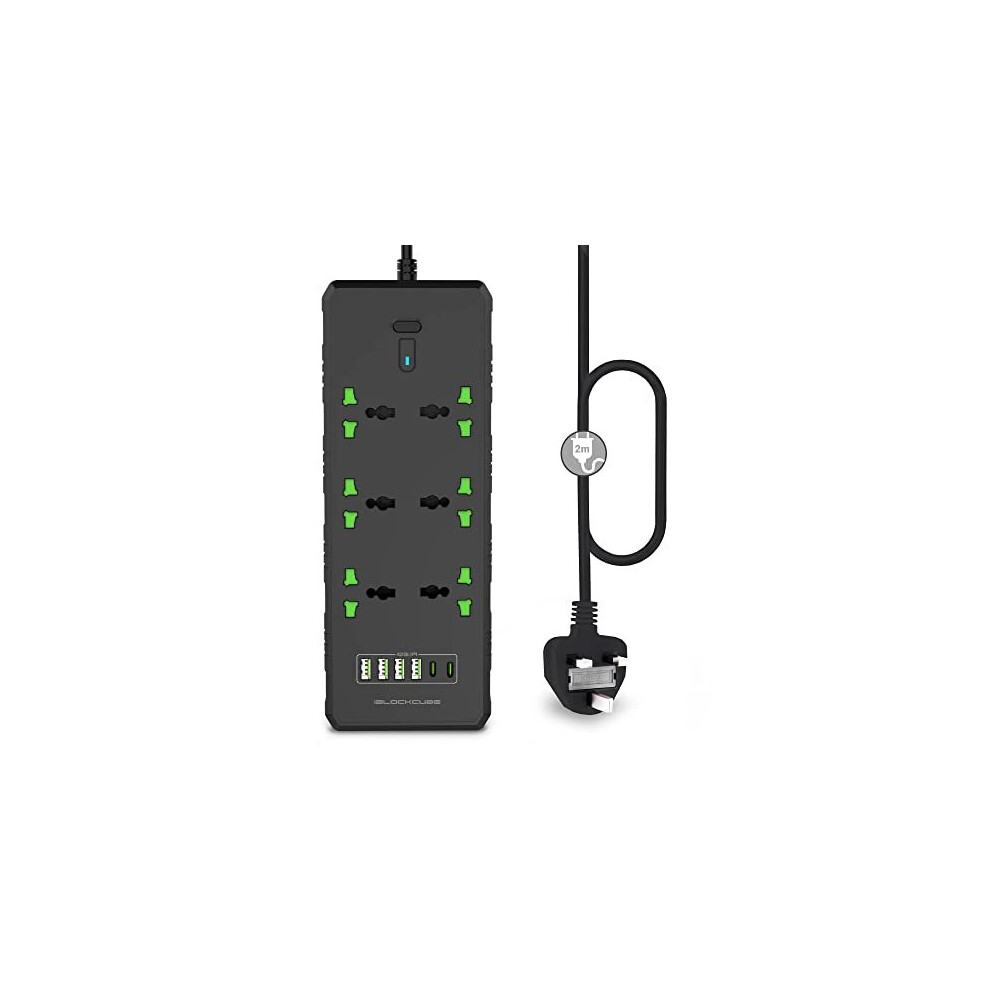 iBlockCube Universal Extension Lead with USB C Ports | Power Strip with Switch, 6 Way Outlets, 6 USB(3.1A, 2 Type C and 4 USB-A Port) | Surge Protecti