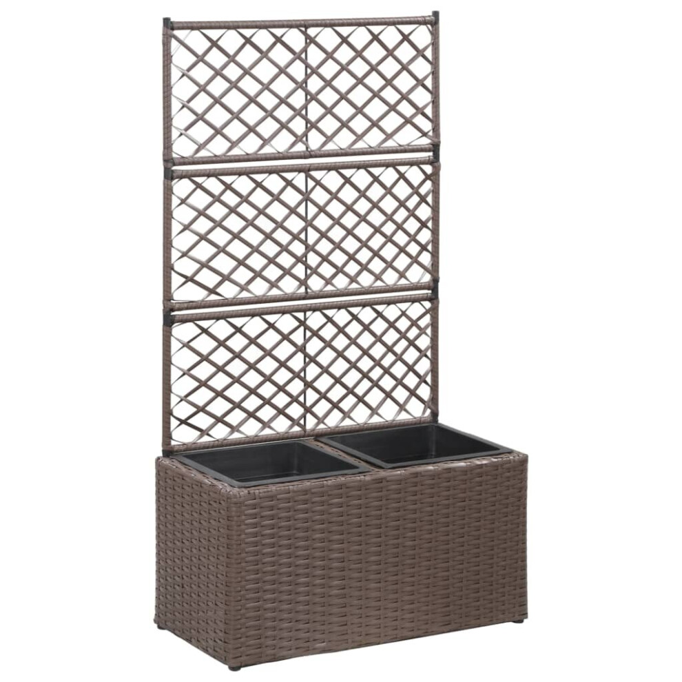 vidaXL Trellis Raised Bed with 2 Pots 58x30x107cm Poly Rattan Brown Planter