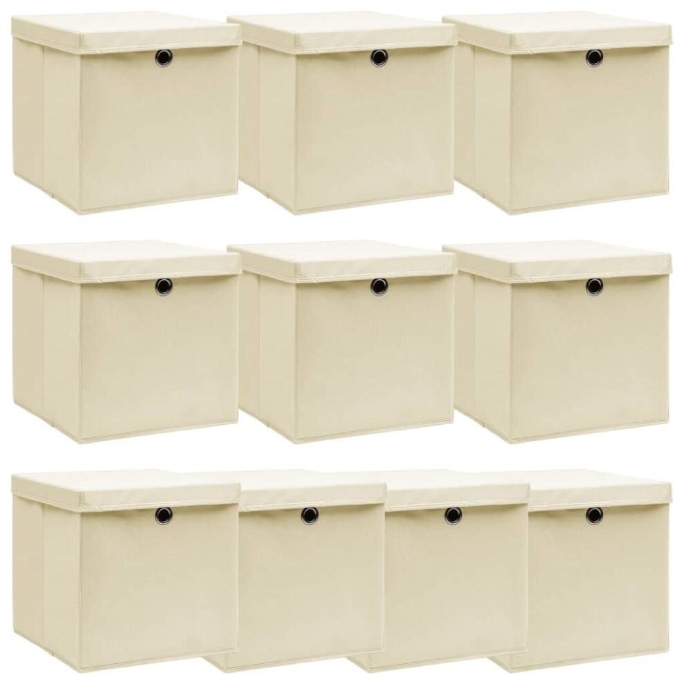 vidaXL 10x Storage Boxes with Lid Cream Fabric Household Stackable Container