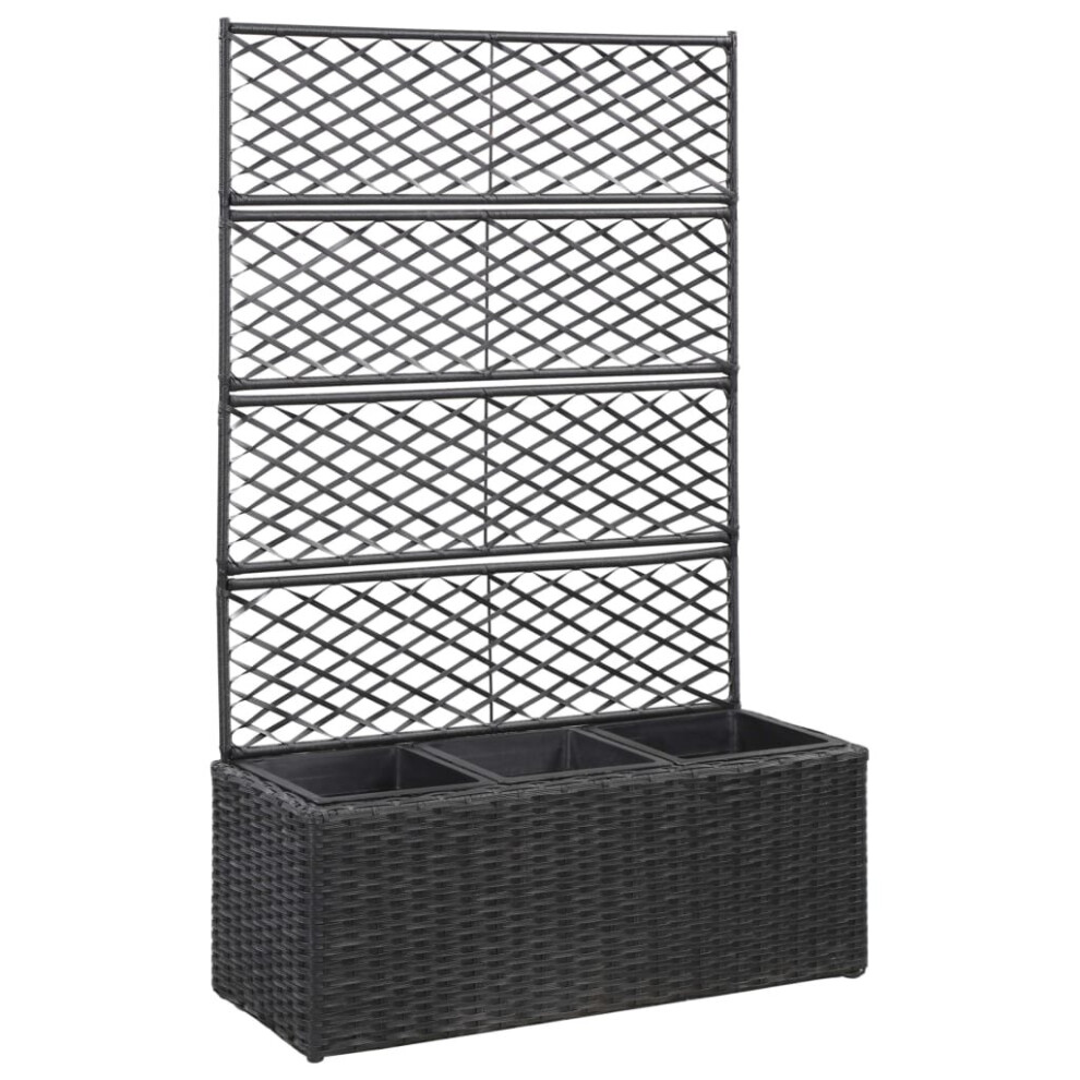 vidaXL Trellis Raised Bed with 3 Pots 83x30x130cm Poly Rattan Black Flower Box