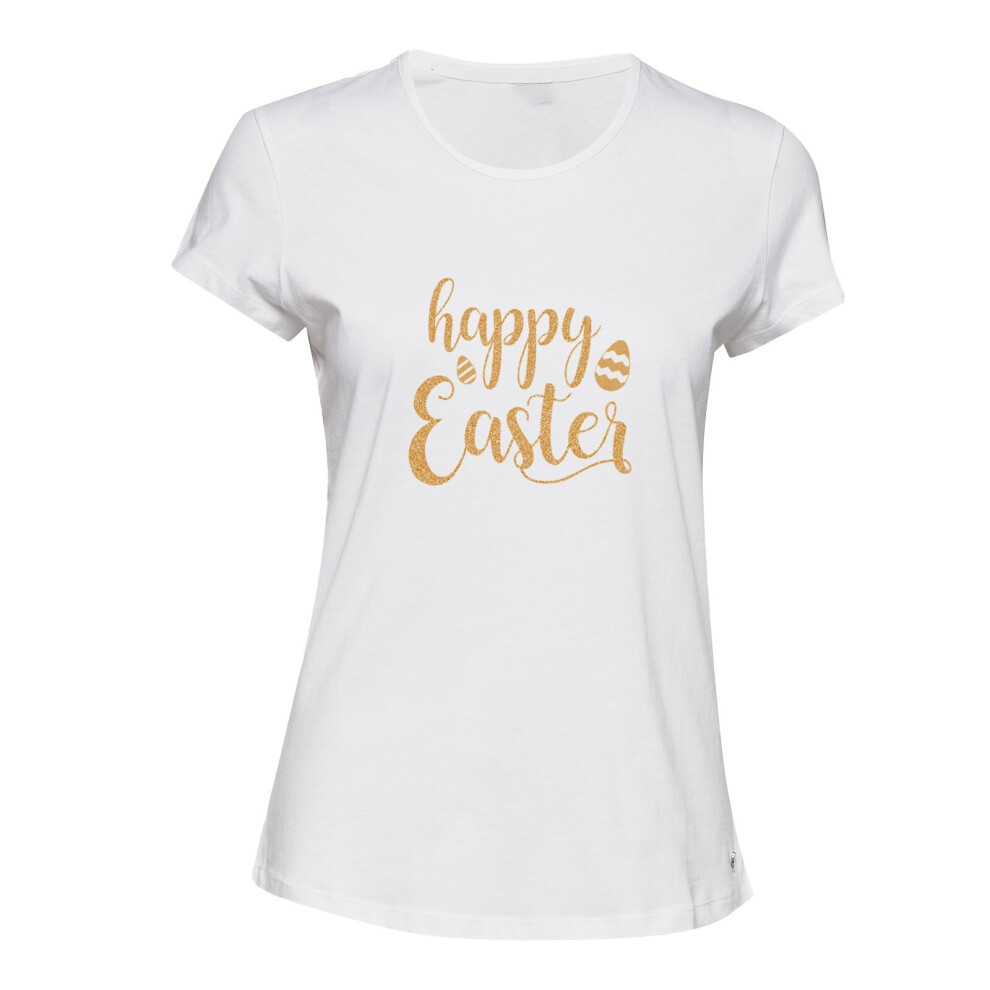 (XL) Gorgeous Happy Easter Egg Gold Text White Ladies Women T Shirt Tee Top Female