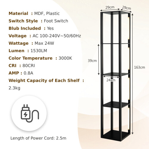 Costway Modern Shelf Display Floor Lamp Standing Lamp with Foot Switch Black 1