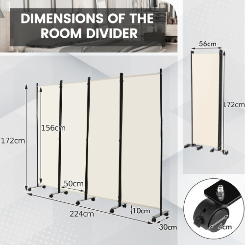 Costway 172cm Tall Rolling Privacy Screen 4 Panel Room Divider on Wheels White 1