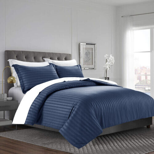 (Navy, King) Stripe Duvet Cover Quilt Reversible Bedding Sets 2