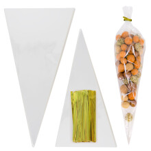 (Gold, 1000PCS) Time to Sparkle Clear 25*13cm & 30*16cm Plastic Cone Bag Sweet Bags with Twist Ties for Snacks Chocolates Candy Party
