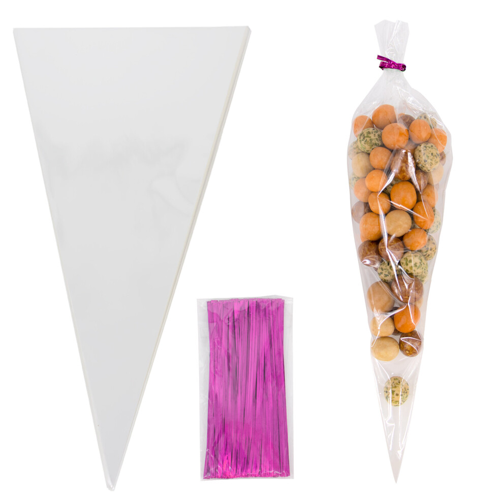 (Purple, 100PCS) Time to Sparkle Clear 25*13cm Plastic Cone Bag Sweets Cellophane Treat Bags with Ties Candy