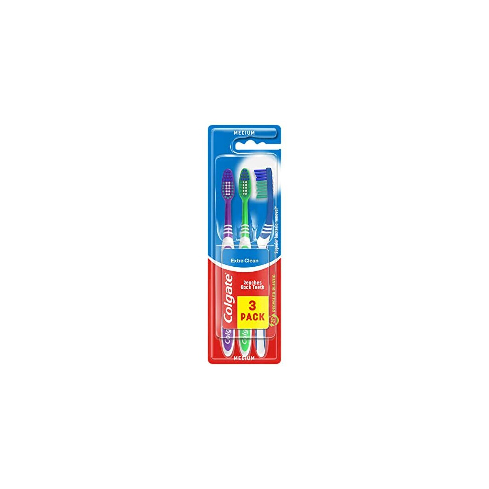 Colgate Extra Clean Medium Toothbrush (Assorted) with a Cleaning Tip that Reaches and Cleans Back Teeth, (Pack of 3)