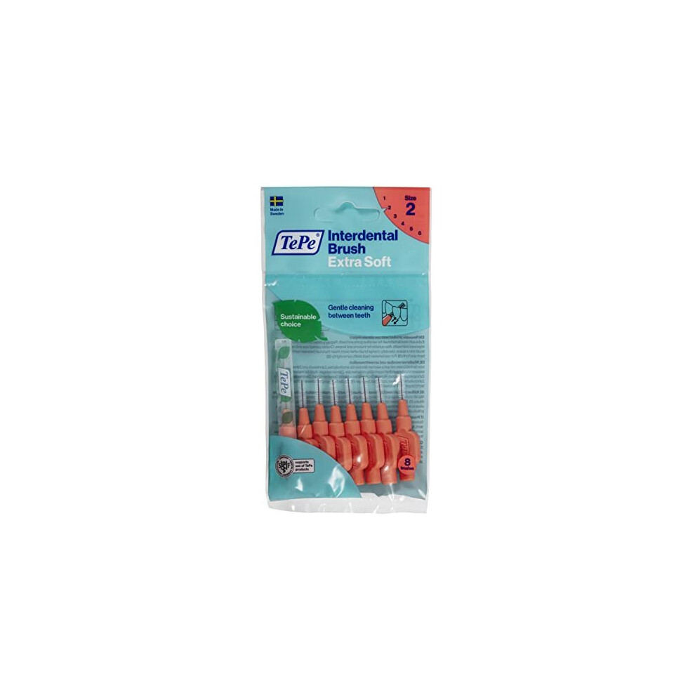 TePe Interdental Brushes Red Extra Soft (0.5mm - Size 2) / Simple and effective cleaning of interdental spaces / 1 x 8 brushes