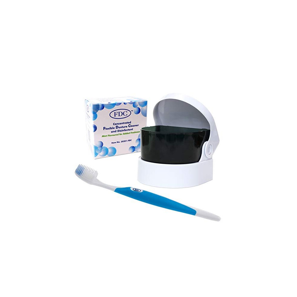 Fdc Flexible Denture Care Package ~ Sachets, Sonic Cleaner, Silicone Brush (Blue Brush)