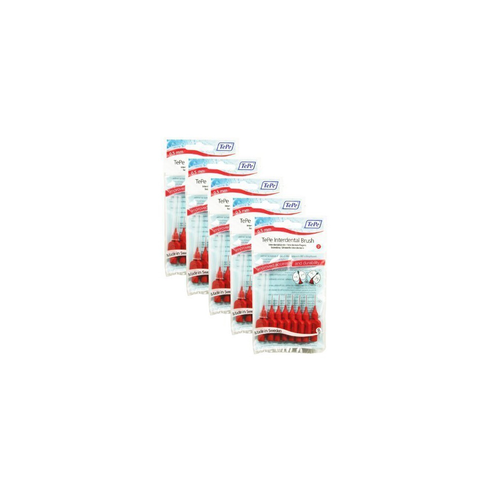 TePe Interdental Brushes 0.5 mm Red - 5 Packets of 8 (40 Brushes) by Tepe