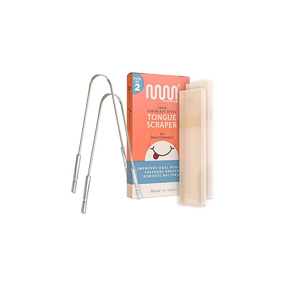 MasterMedi Tongue Scraper with Travel Case - 2 Pack Tongue Cleaner, Fights Bad Breath, Medical Grade 100% Stainless Steel Cleaner, Great for Oral