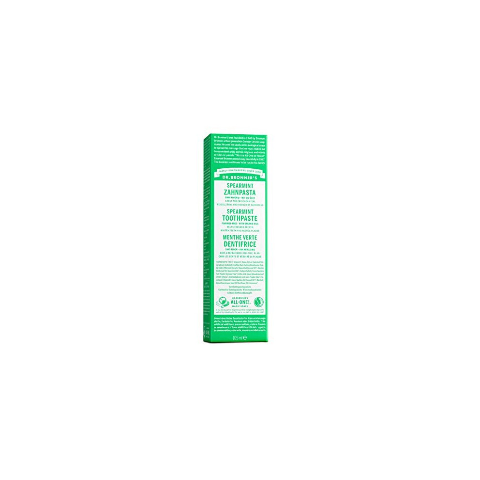 Dr Bronner's All One Spearmint Toothpaste, Made With Organic, Fluoride-Free Ingredients With No Artifical Colours, Flavours, Preservatives Or