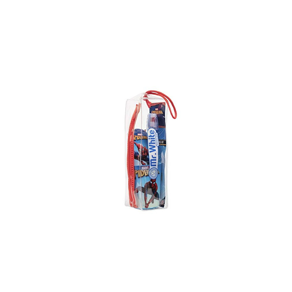 Mr.white Spider-Man Pouch Set For Kids ? Travel-Friendly Including Manual Toothbrush With Suction Cup, Travel Cap, Kids Mild Mint Flavour Toothpaste