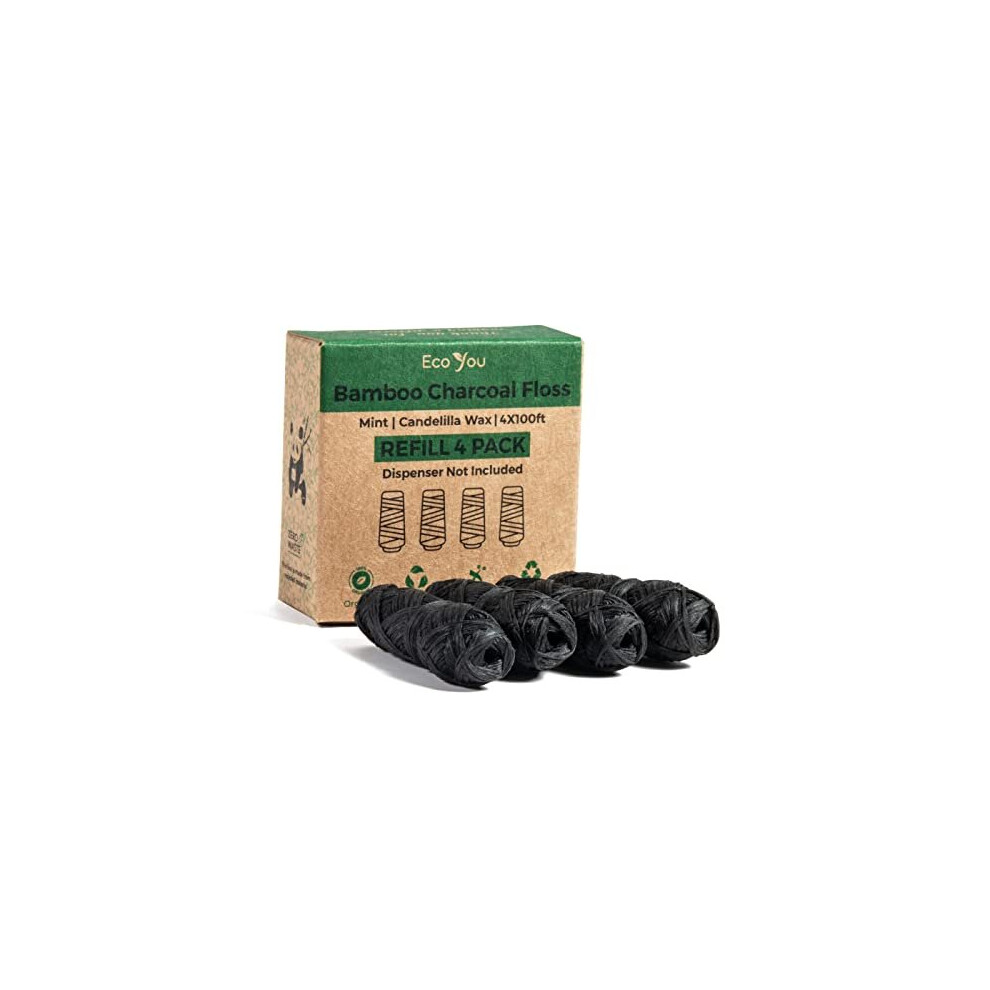Ecoyou Bamboo Charcoal Dental Floss | 4 Refills Pack | Mint & Candelilla Wax | Vegan & Biodegradable