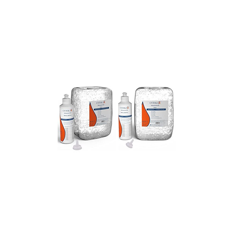 2X Cytolax 5L Ultrasound Gel with 250ml Refill Bottle | 5 Litre Clear Transmission Gel | Non Staining, UKCA CE Certified | 2X 5 Litre
