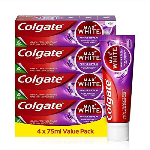 Colgate Max White Purple Reveal Teeth Whitening Toothpaste 4x75ml | Purple Toothpaste with Optic-Colour Correcting Technology | Colour Corrects Yellow