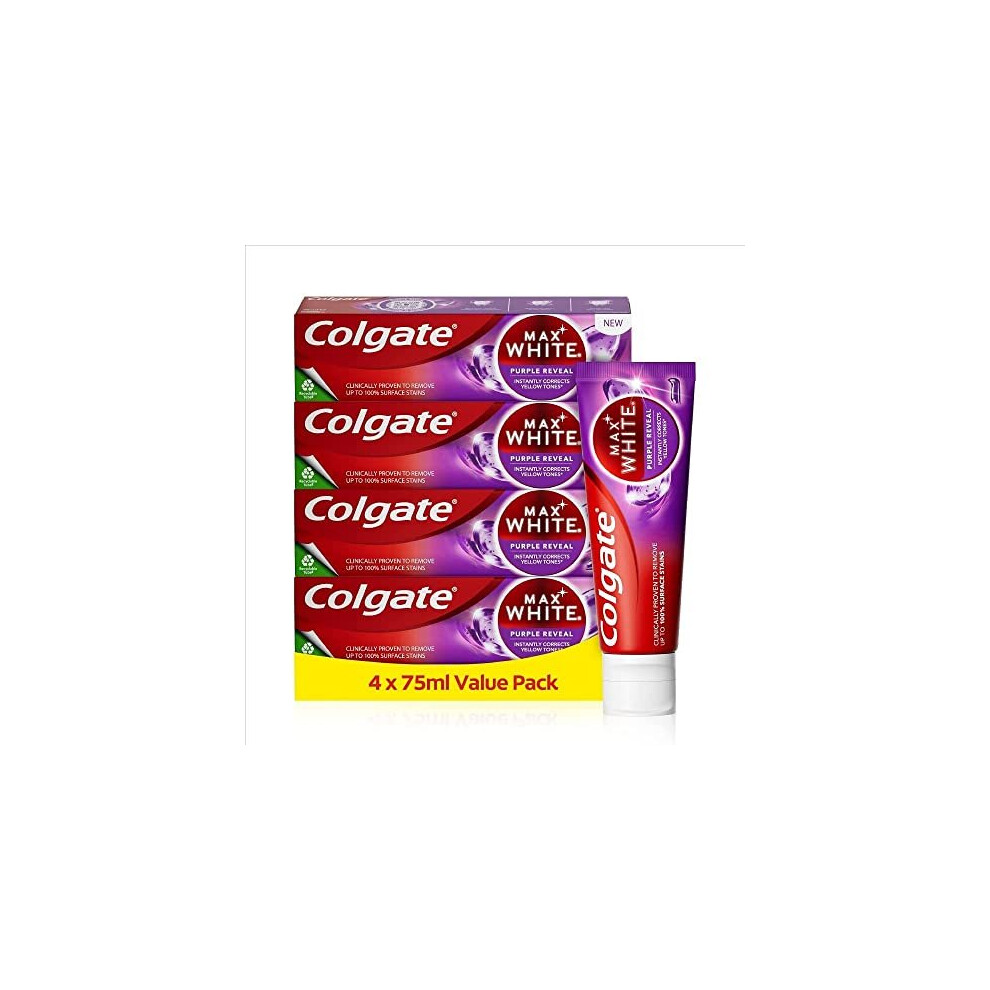 Colgate Max White Purple Reveal Teeth Whitening Toothpaste 4x75ml | Purple Toothpaste with Optic-Colour Correcting Technology | Colour Corrects Yellow