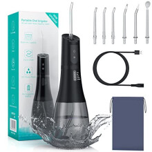 Water Flosser for Teeth Cordless, SanPintech 360?Rotation Oral Irrigator with 5 Modes & 6 Jet Tips Water Pick Teeth Cleaner, IPX7 Waterproof, 400ML