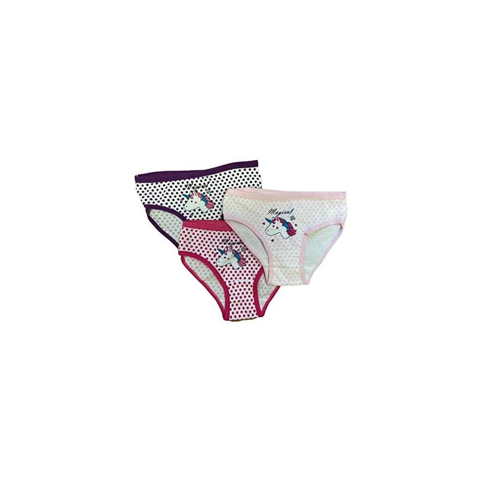 (SIZE 9-12 WAIST 23-25) New Girls Children's 3 PACK Unicorn Polka-Dot Design Cotton Rich Briefs Knickers