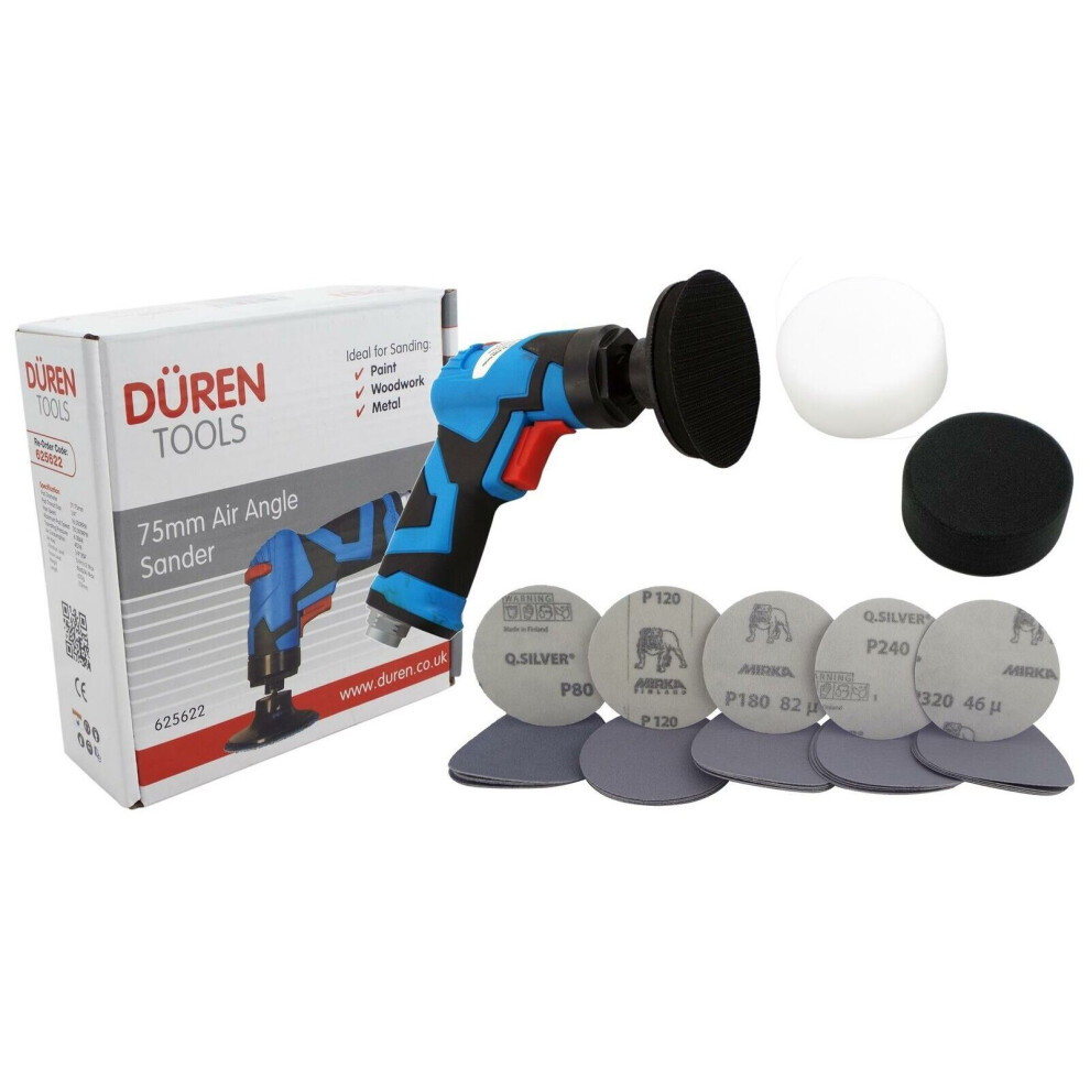 Duren 75mm Air Angle Sander + 3" Backing Pad + Foam pads + 25 Mixed mirka Discs 