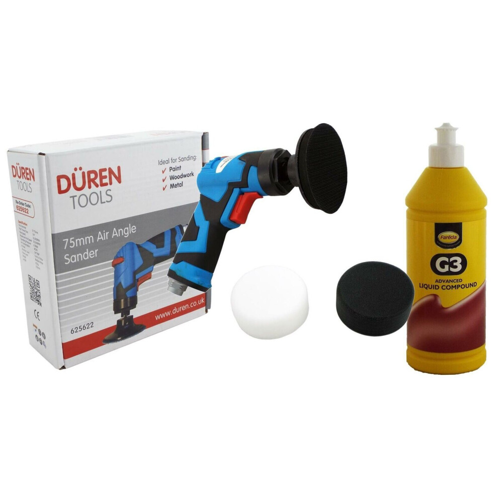 Duren 75mm Air Angle Sander + 3" Backing Pad + Foam pads + Farecla G3 500ml 