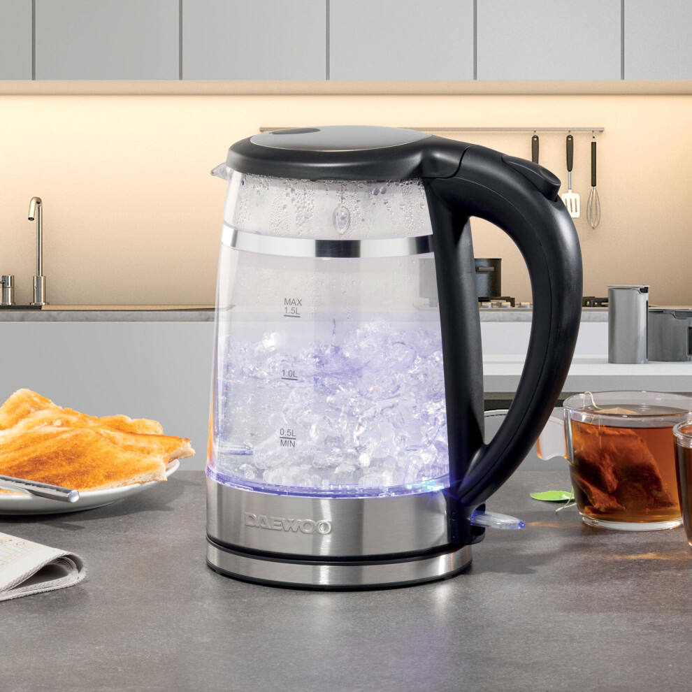 Daewoo Cool Touch Kettle Transparent Glass 3KW Fast Boil 1.5L Energy Efficient LED