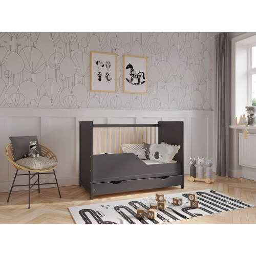 (Anthracite/Pine) Tokyo | Cot Bed 120x60cm with drawer 2