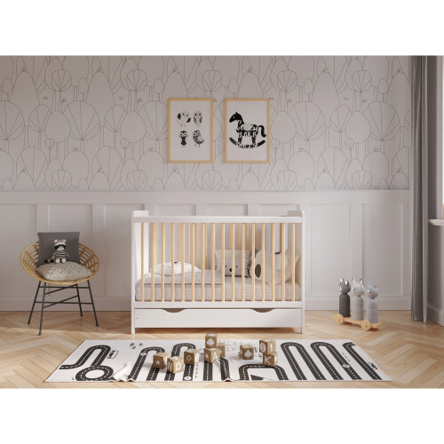(White/Pine) Tokyo | Cot Bed 120x60cm with drawer 1