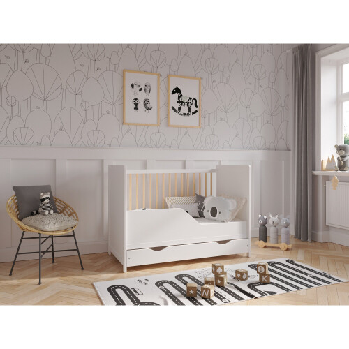(White/Pine) Tokyo | Cot Bed 120x60cm with drawer 2