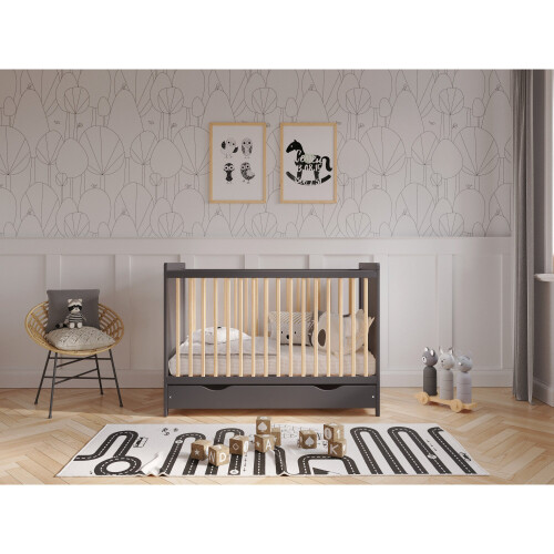 (Anthracite/Pine) Tokyo | Cot Bed 120x60cm with drawer 1