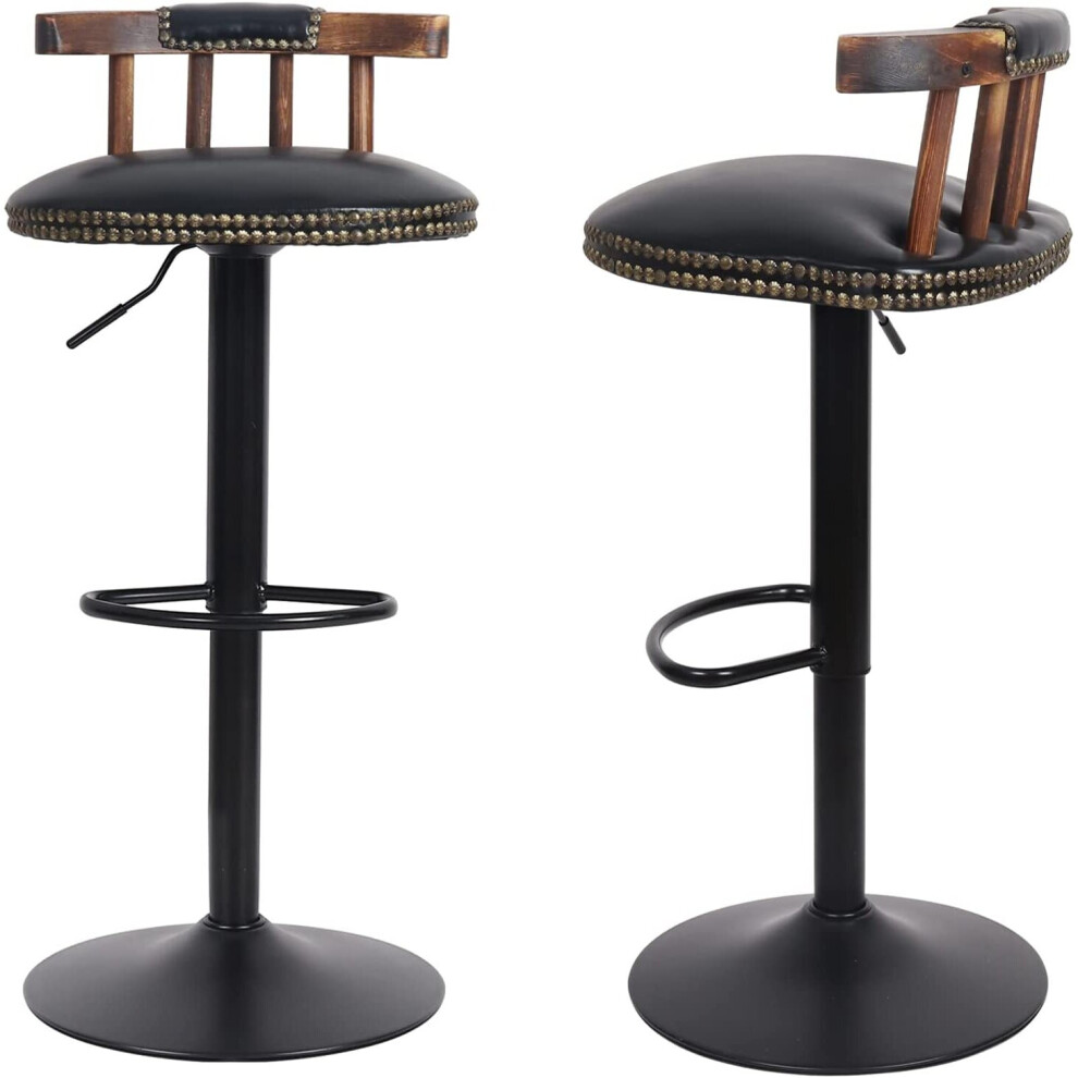 (Black) 2 Adjustable Leather Kitchen Bar Stool Chair Set