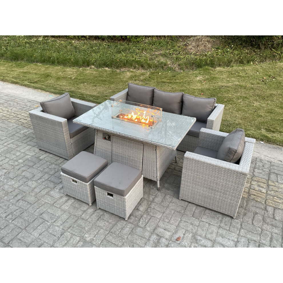 Rattan Gas Fire Pit Dining Table Set Heater Burner Chairs With 2 PC Stools