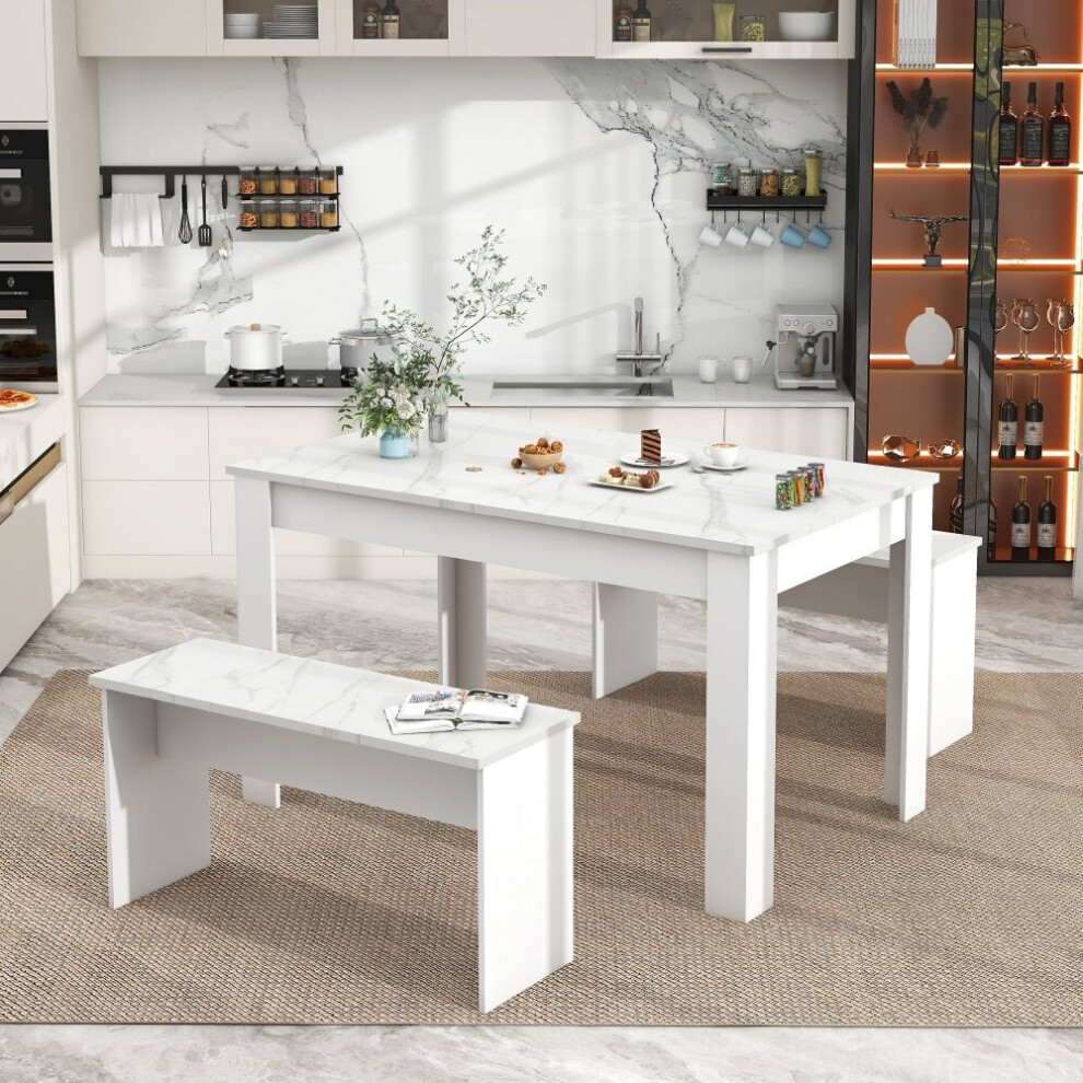 (White) Dining Table Set with 2 Benches for Dining Room