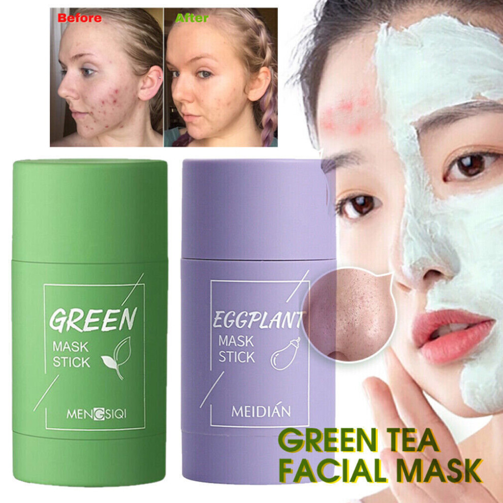 (  1PCS Green Tea + 1PCS Eggplant) Green Tea Mask Stick Facial Cleansing Oil Acne Blackhead Control Cleaner