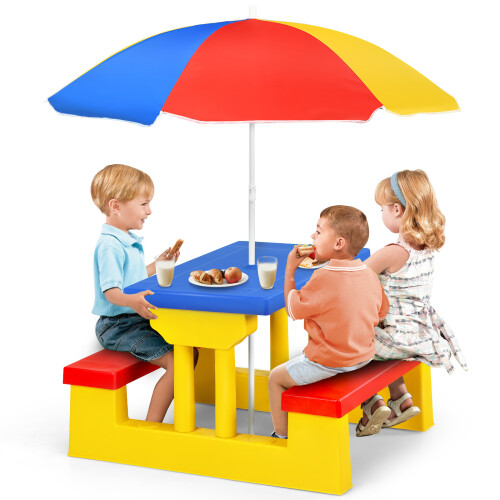 Rainbow Kids Picnic Table Set with 2 Benches & Removable Umbrella - Safe PP Material, Easy Assembly, Indoor/Outdoor Play Table