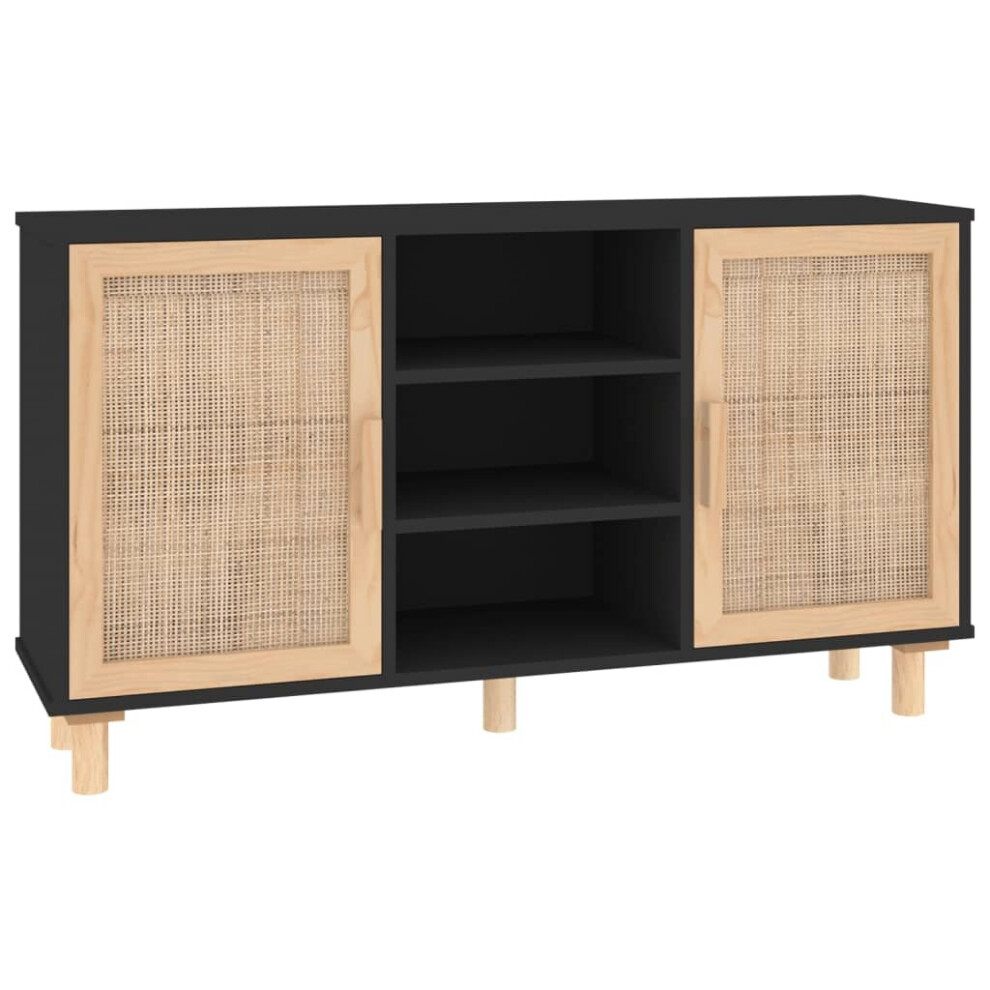 (black) vidaXL Sideboard Storage Cabinet Cupboard Solid Wood Pine and Natural Rattan