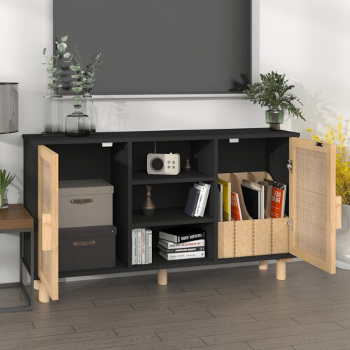VidaXL (black) vidaXL Sideboard Storage Cabinet Cupboard Solid Wood Pine and Natural Rattan 2