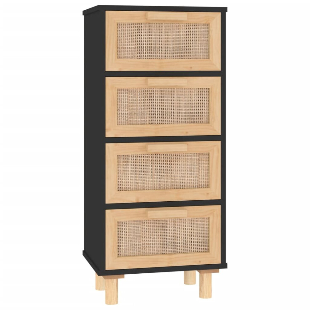 Vidaxl (Black) Sideboard Storage Cabinet Cupboard Solid Wood Pine And Natural Rattan