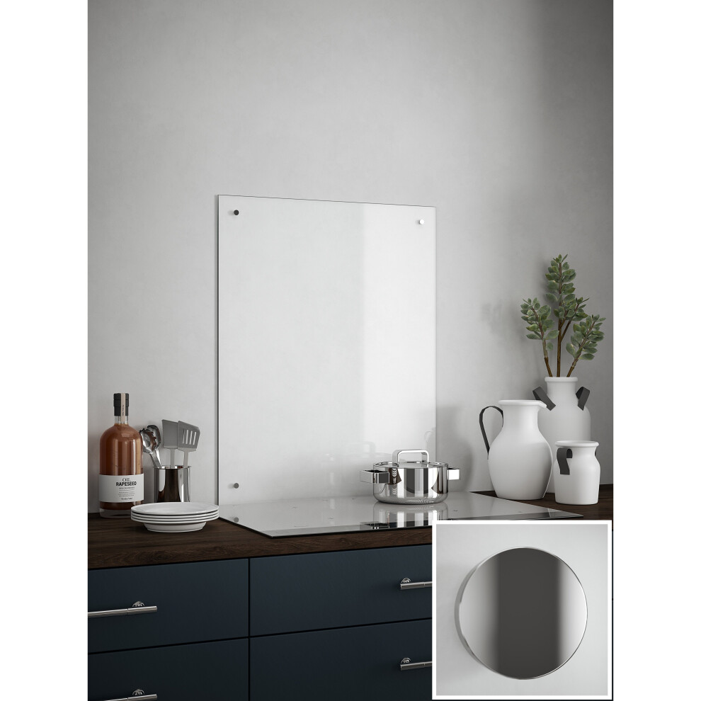Kitchen Splashback Clear Glass Chrome Cap Cooker Wall Panel 60 x 75cm