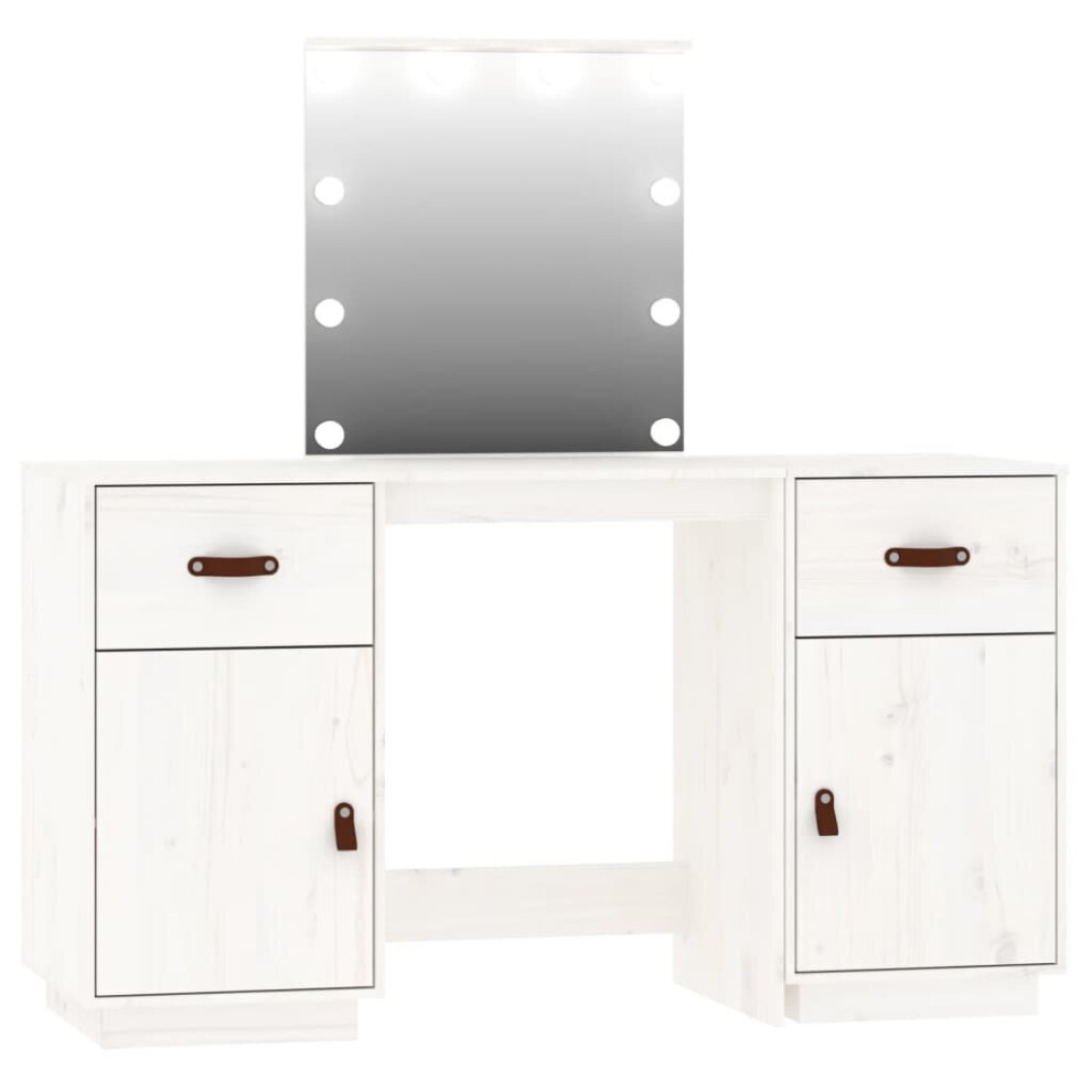 (white) vidaXL Solid Wood Pine Dressing Table Set with LED Vanity Desk Multi Colours