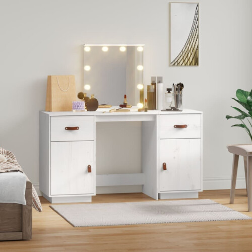 VidaXL (white) vidaXL Solid Wood Pine Dressing Table Set with LED Vanity Desk Multi Colours 2