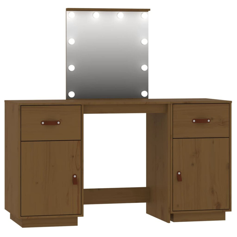 (honey brown) vidaXL Solid Wood Pine Dressing Table Set with LED Vanity Desk Multi Colours