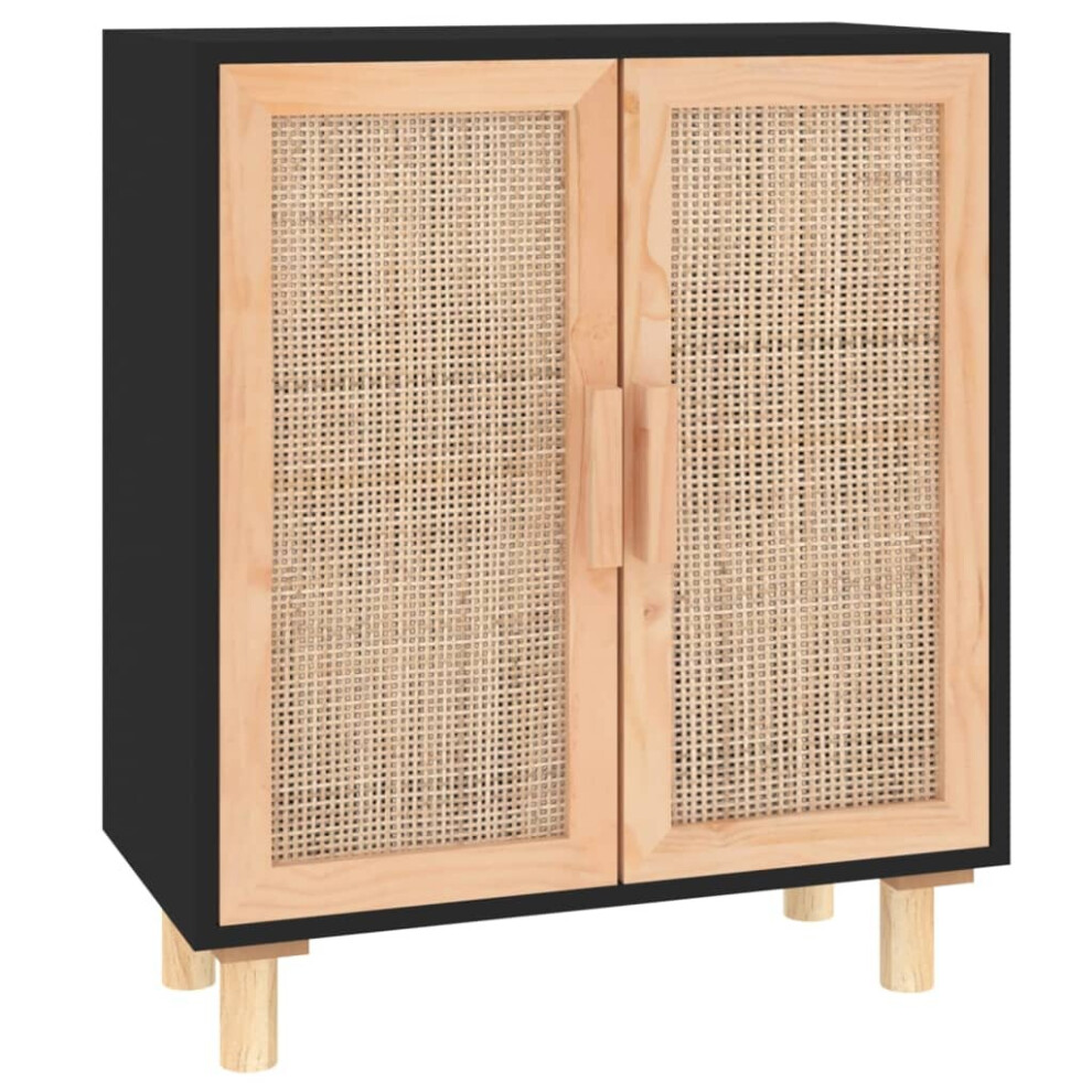 (black) vidaXL Sideboard Storage Cabinet Cupboard Solid Wood Pine And Natural Rattan