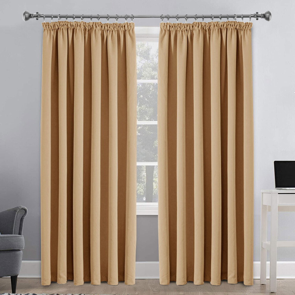 (Beige, 90"X90") Thermal Blackout Curtains Pencil Pleat Curtain Ready Made Window Panel & Tieback